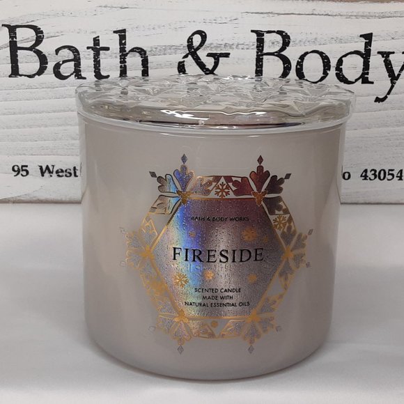 BATH & BODY WORKS 'FIRESIDE' 3~WICK SCENTED CANDLE DECORATIVE IRIDESCENT TOP - Picture 2 of 9